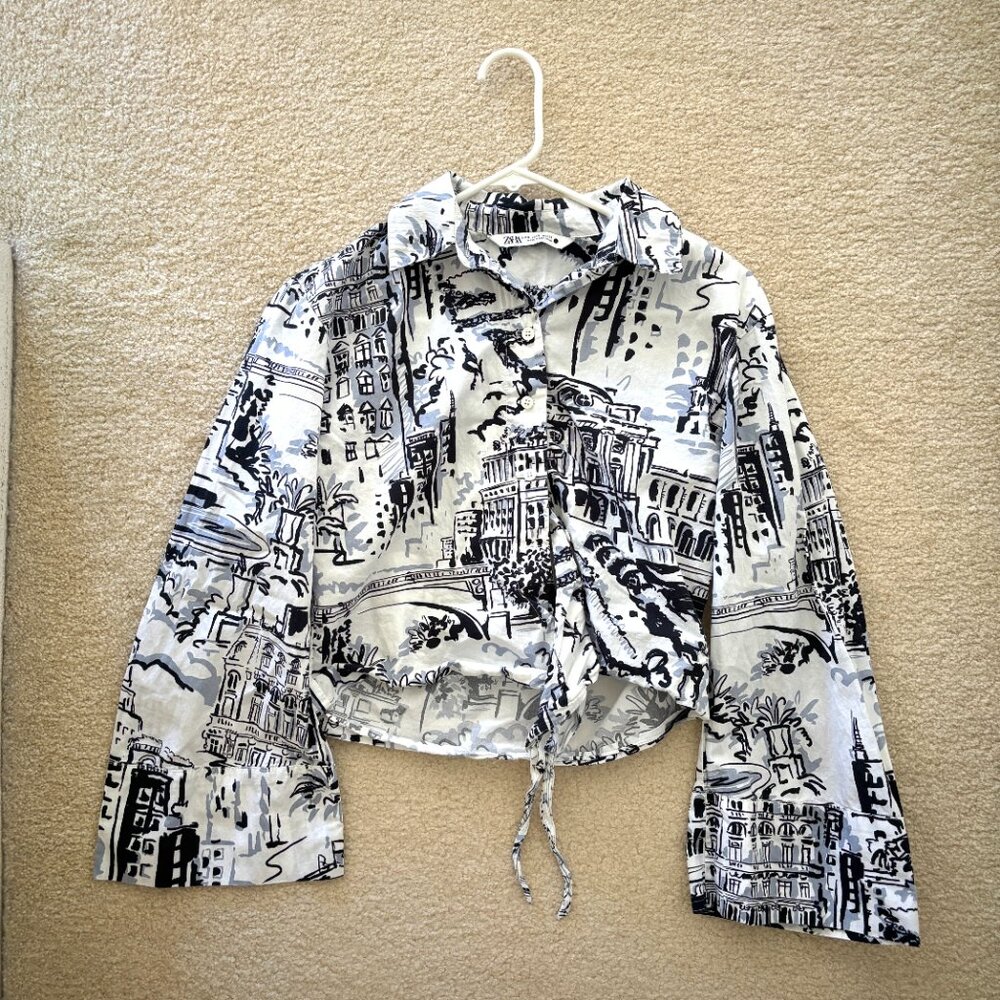 Zara Cropped Button-Up Top With Architecture Patt… - image 2